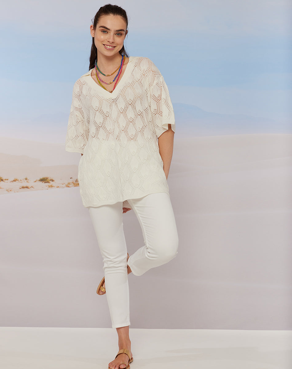 Poppy V-Neck White Knitted Shirt