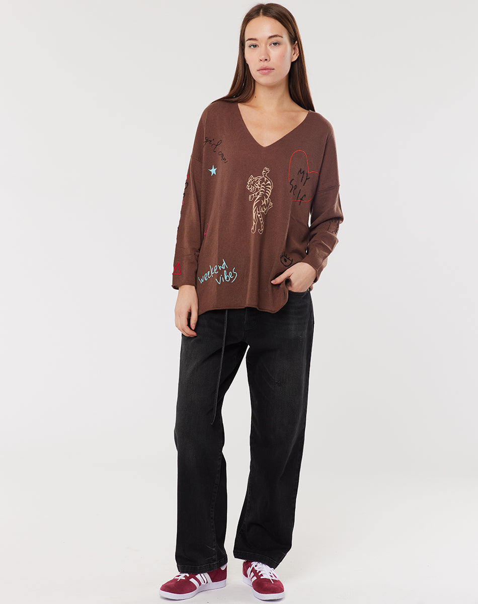 Jessie V-Neck Knitted Brown Sweater