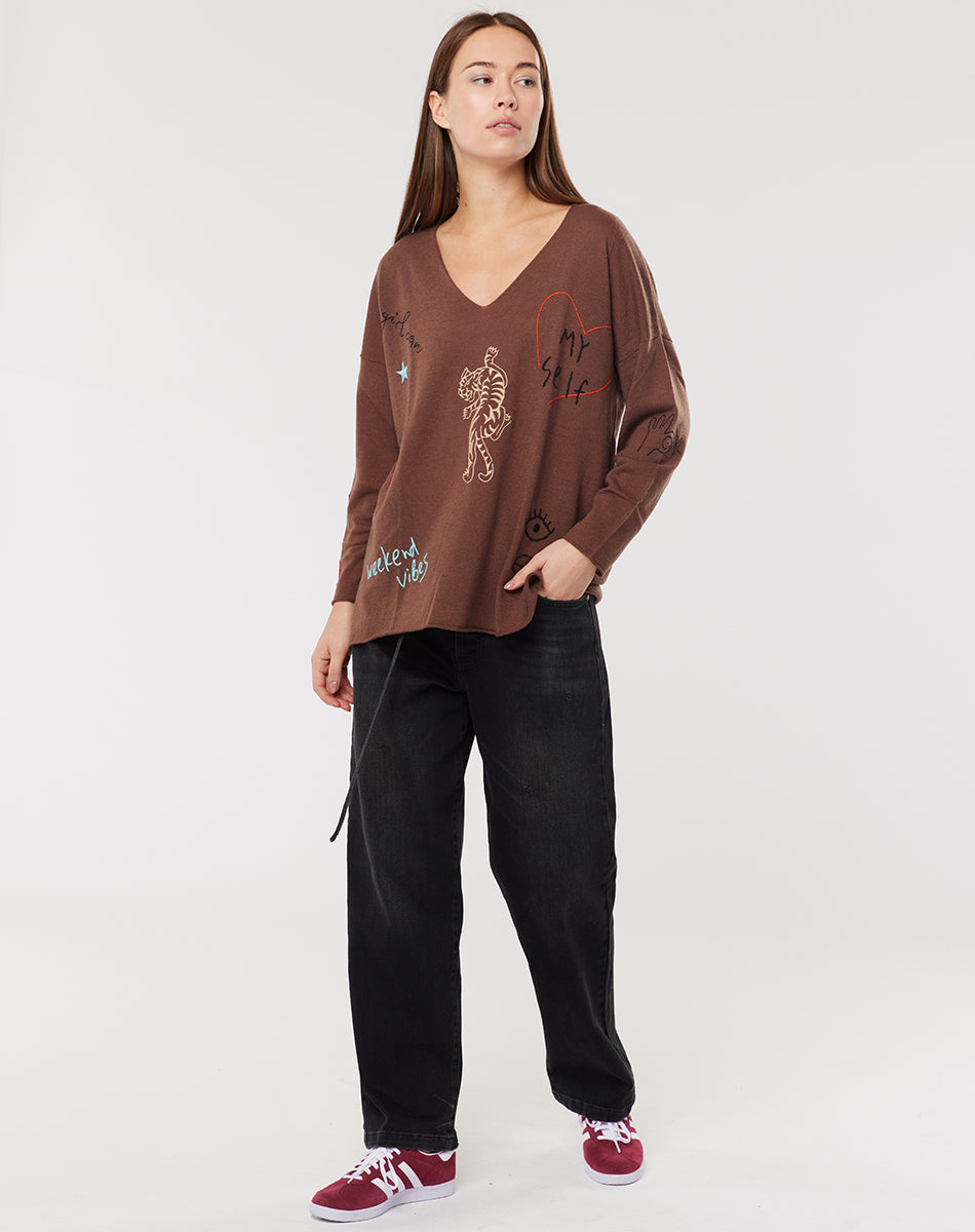 Jessie V-Neck Knitted Brown Sweater